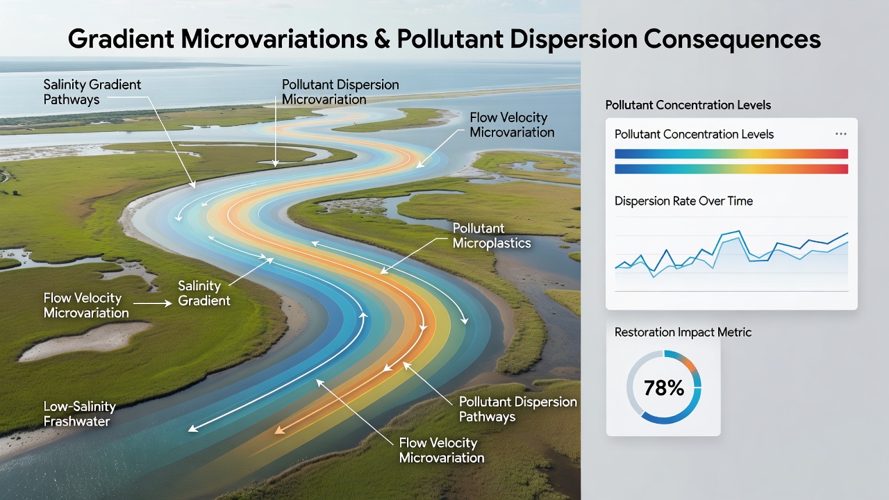 Aerial perspective of a coastal wetland restoration area highlighting flow channels influenced by micro-gradient variations and sediment accumulation zones