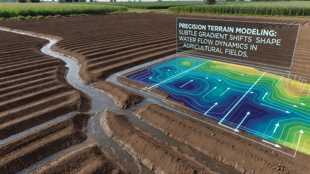 3D visualization of water flow simulation across precision-modeled farmland demonstrating how small elevation changes redirect runoff and affect erosion risk
